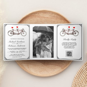 Cute Tandem Bicycle Photo QR Code Wedding Tri-Fold Invitation