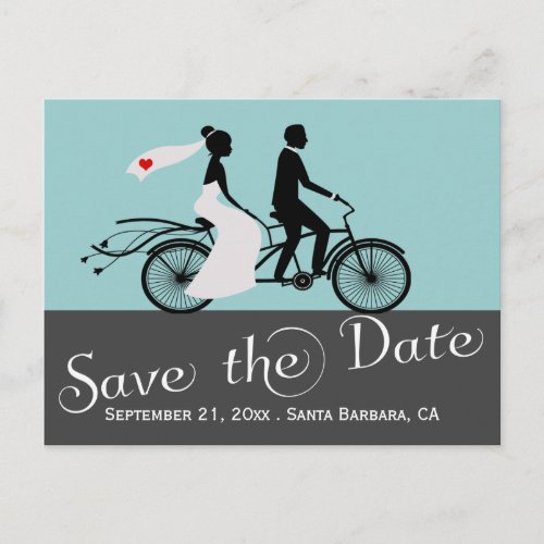 Cute Tandem Bike Bride And Groom Wedding Announcement Postcard