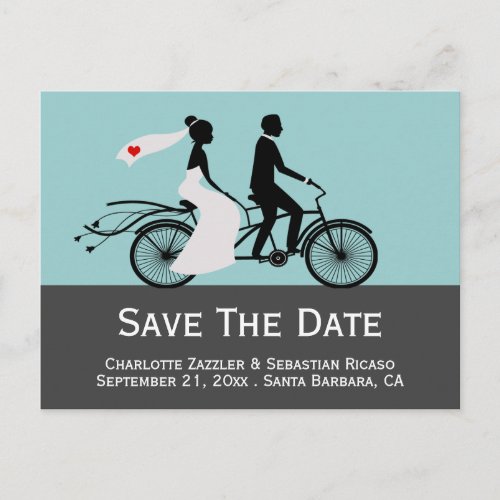 Cute Tandem Bike Bride And Groom Wedding Announcement Postcard