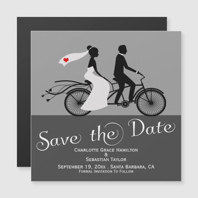 Cute Tandem Bike Bride And Groom Wedding Magnetic Invitation (Front/Back)