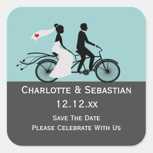 Cute Tandem Bike Bride And Groom Wedding Square Sticker