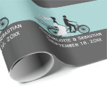Cute Tandem Bike Bride And Groom Wedding Wrapping Paper<br><div class="desc">Cute Tandem Bike Bride And Groom Wedding custom gift wrap .. wedding paper in aqua and grey tones featuring a bride in a wedding dress with a small red heart on the veil and a groom in his suit .. add your own text .. also available on other sizes .....</div>
