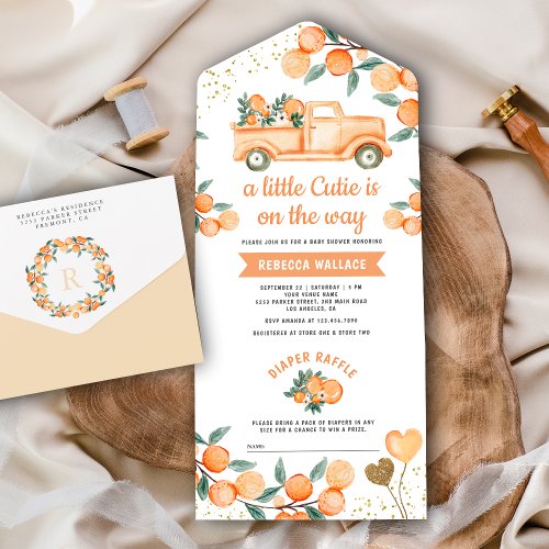 Cute Tangerine Citrus Orange Truck Baby Shower All In One Invitation