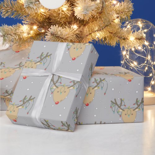 Cute Tangled Reindeer Retro Christmas String Light Wrapping Paper