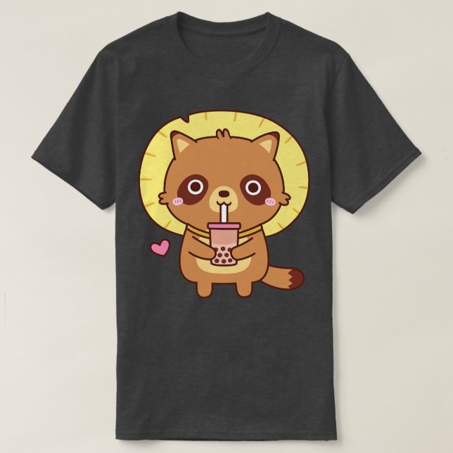 Cute Tanuki With Straw Hat Loves Bubble Tea T-Shirt (Design Front)