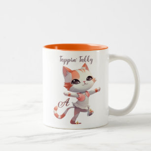 Cute Tap Dancing Tabby Cat Custom Monogram Two-Tone Coffee Mug