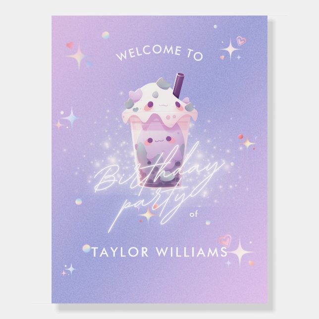 Cute Taro Boba Tea Girl Birthday Welcome Sign (Front)