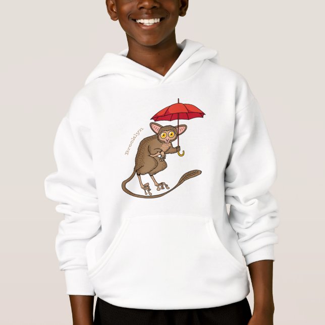 Cute Tarsier with umbrella cartoon illustration Hoodie (Front)