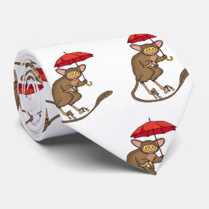 Cute Tarsier with umbrella cartoon illustration Neck Tie