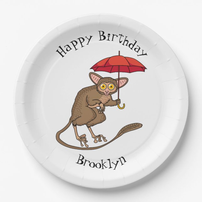 Cute Tarsier with umbrella cartoon illustration  Paper Plates (Front)