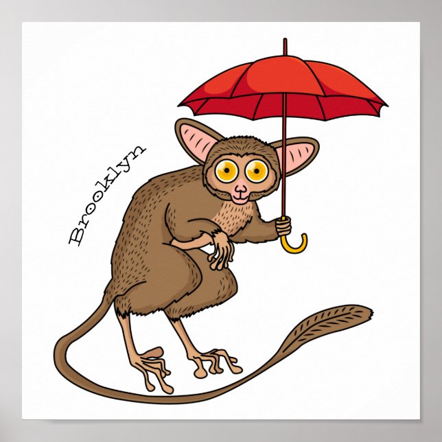 Cute Tarsier with umbrella cartoon illustration Poster (Front)