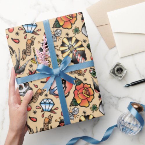Cute tattoo lovers tiled party wrapping paper