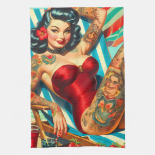 Cute Tattooed Swimsuit Pin-up Kitchen Towel