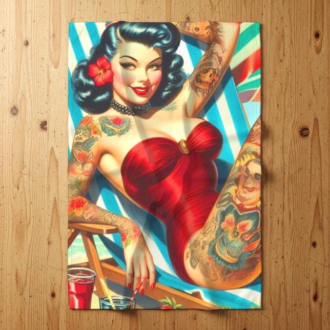 Cute Tattooed Swimsuit Pin-up Kitchen Towel (Creator Uploaded)