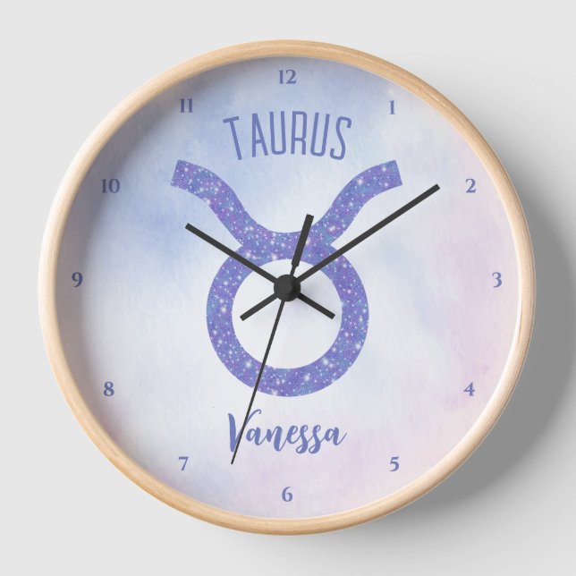 Cute Taurus Astrology Sign Personalized Purple Clock (Front)