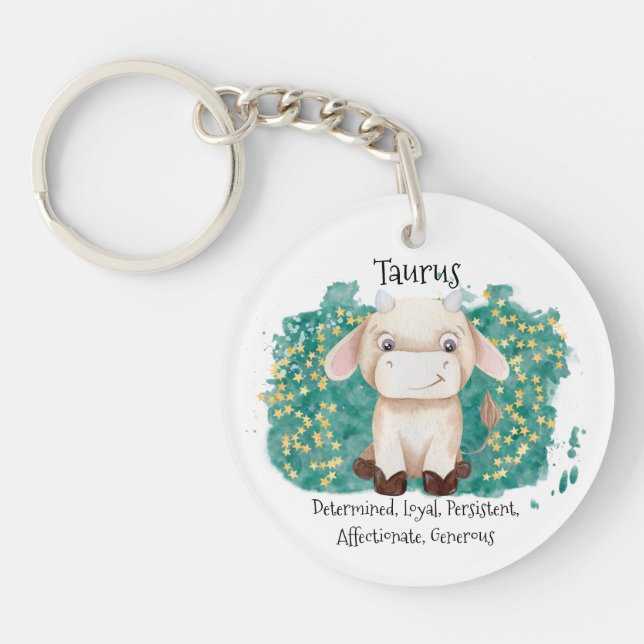 Cute Taurus Bull Watercolor Zodiac Keychain (Front)