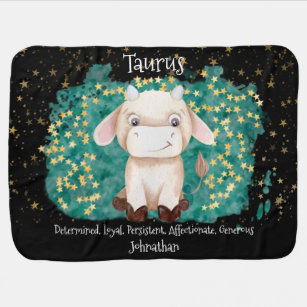 Cute Taurus Bull Watercolor Zodiac Personalized Baby Blanket