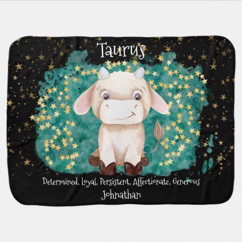 Cute Taurus Bull Watercolor Zodiac Personalized Baby Blanket