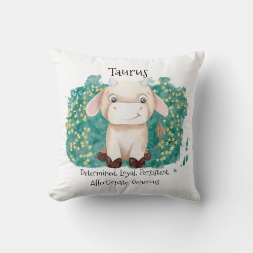 Cute Taurus Bull Watercolor Zodiac  Throw Pillow