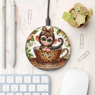 Cute tea cup monkey wireless charger