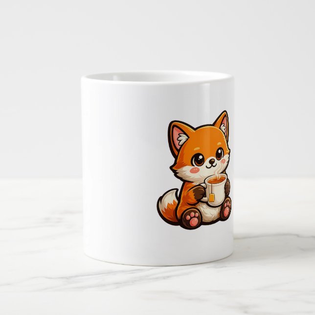 Cute Tea Fox Illustration – Cozy Fox Drinking Tea Giant Coffee Mug (Front)