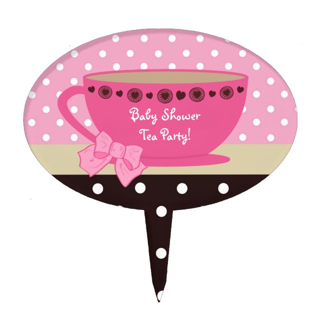 Cute Tea Party Baby Shower Pink Polka Dot Bow Cake Topper (Front)
