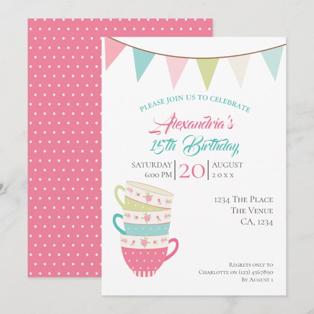 Cute Tea Party Birthday Personalized Colorful Invitation (Front/Back)