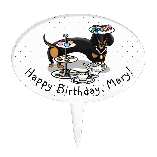 Cute Tea Party Dachshund (black & tan) Funny Dog Cake Topper (Front)