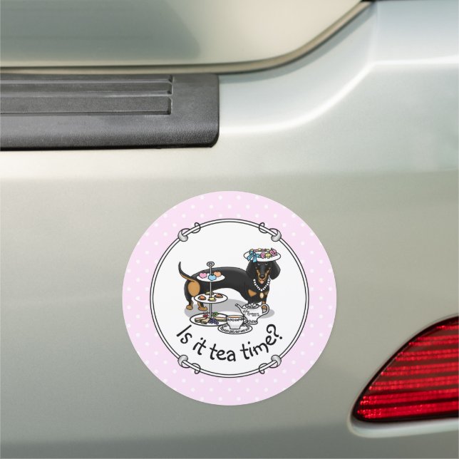 Cute Tea Party Dachshund (black & tan) Funny Dog Car Magnet (In Situ)