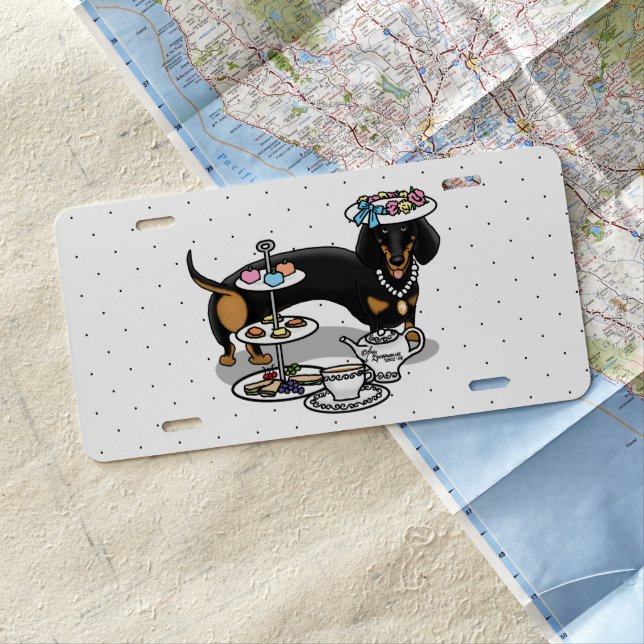 Cute Tea Party Dachshund (black & tan) Funny Dog License Plate (In Situ)