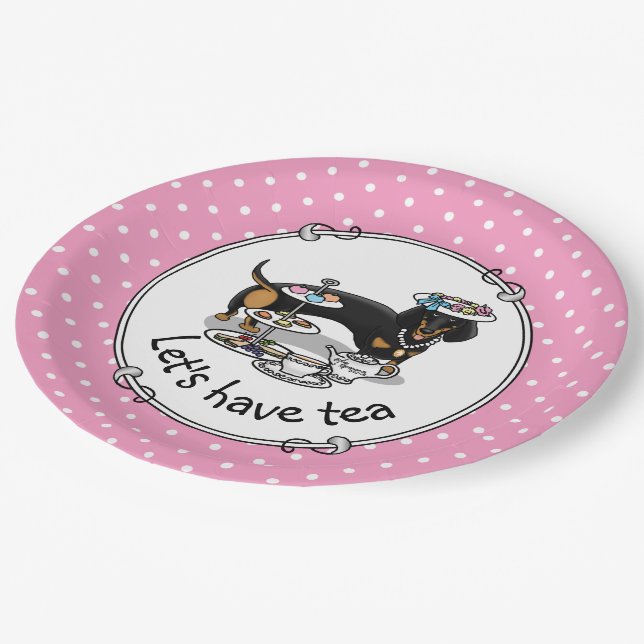 Cute Tea Party Dachshund (black & tan) Funny Dog Paper Plates (Angled)