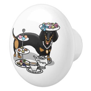 Cute Tea Party Dachshund Dog (black & tan) Funny Ceramic Knob