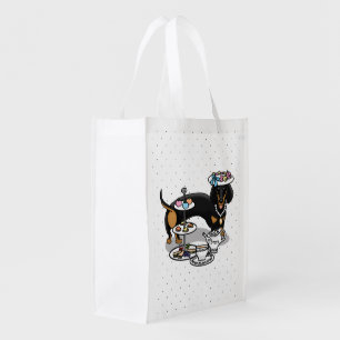 Cute Tea Party Dachshund Dog (black & tan) Funny Grocery Bag