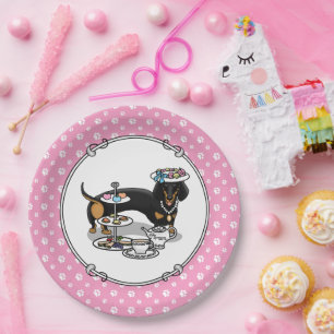 Cute Tea Party Dachshund Dog (black & tan) Funny Paper Plates