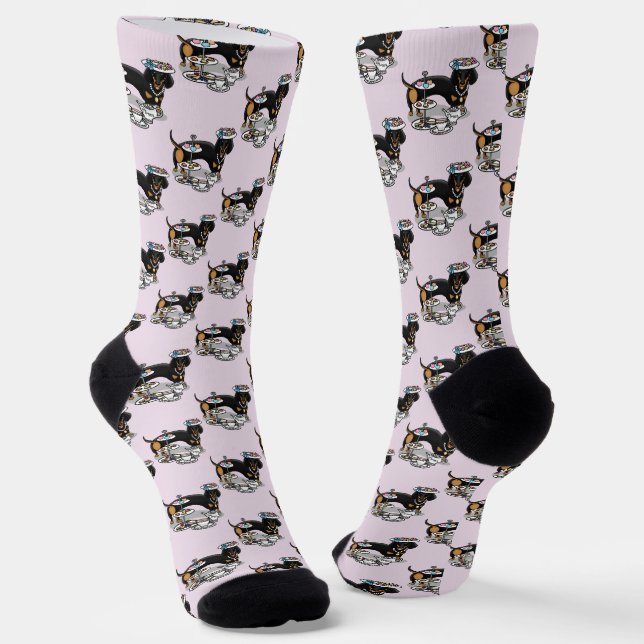 Cute Tea Party Dachshund Dog (black & tan) Funny Socks (Angled)