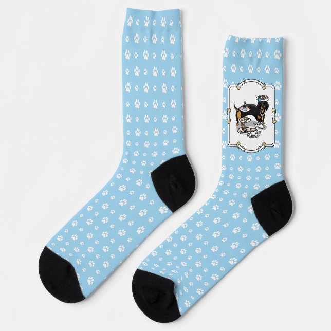 Cute Tea Party Dachshund Dog (black & tan) Funny Socks (Left)