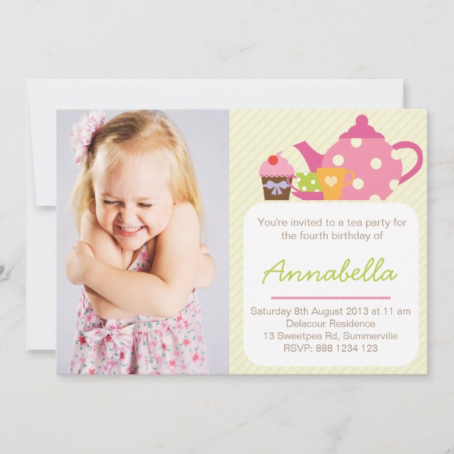 Cute Tea Party Kids Photo Birthday Invitation (Front)