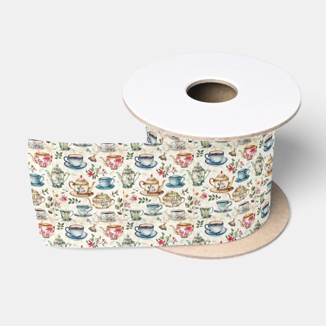 Cute tea party tiled pattern satin ribbon (Spool)