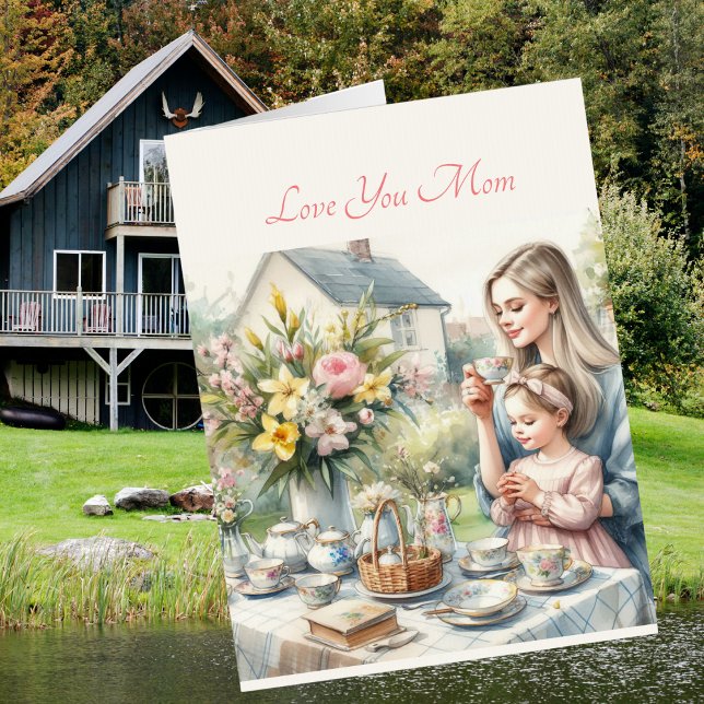 Cute Tea Party With Mom Mother's Day Watercolor Card (Creator Uploaded)