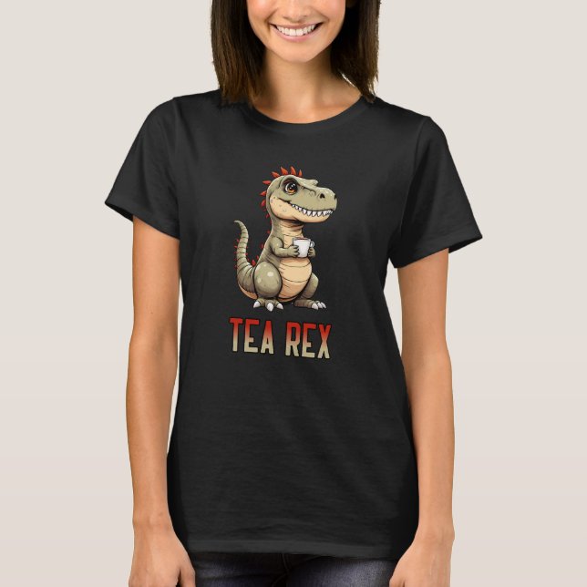 Cute Tea Rex Dinosaur Drinking Tea T-Shirt (Front)