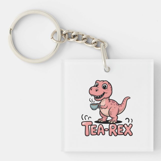 Cute Tea-Rex Pink Dinosaur – Sip Happens! Keychain (Front)