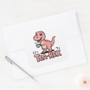 Cute Tea-Rex Pink Dinosaur – Sip Happens! Square Sticker