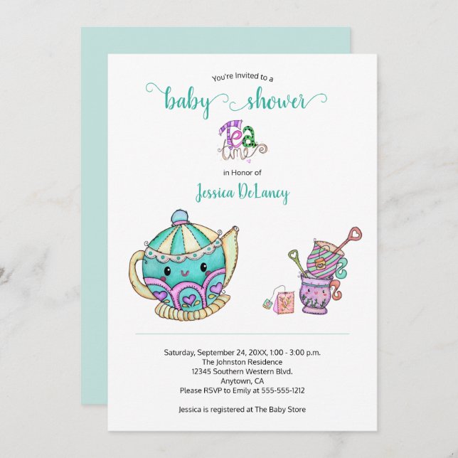 Cute Tea Time Teal Baby Shower Invitation (Front/Back)