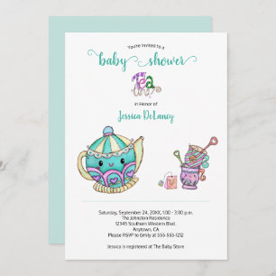 Cute Tea Time Teal Baby Shower Invitation