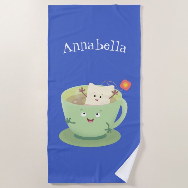Cute teabag cup cartoon humor character beach towel (Front)