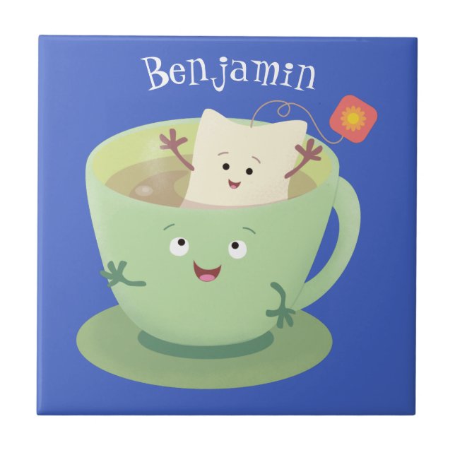 Cute teabag cup cartoon humor character ceramic tile (Front)