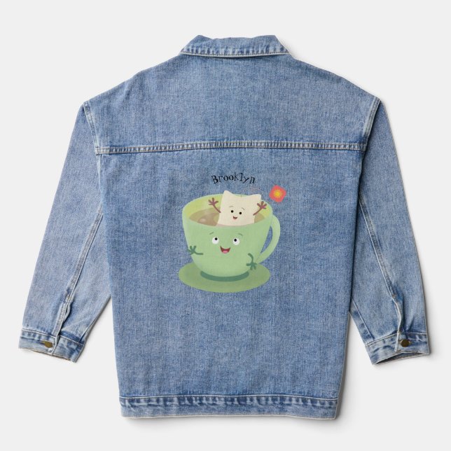 Cute teabag cup cartoon humor character denim jacket (Back)