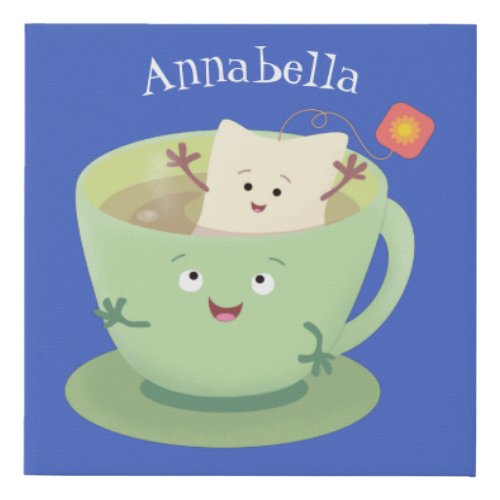Cute teabag cup cartoon humor character faux canvas print