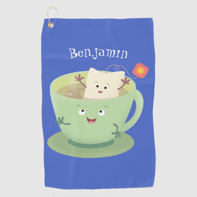 Cute teabag cup cartoon humor character golf towel (Front)