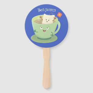 Cute teabag cup cartoon humor character hand fan